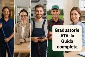 Foto divisa in 5 parti, con cinque diverse figure ATA e la scritta "Graduatorie ATA: la Guida completa"