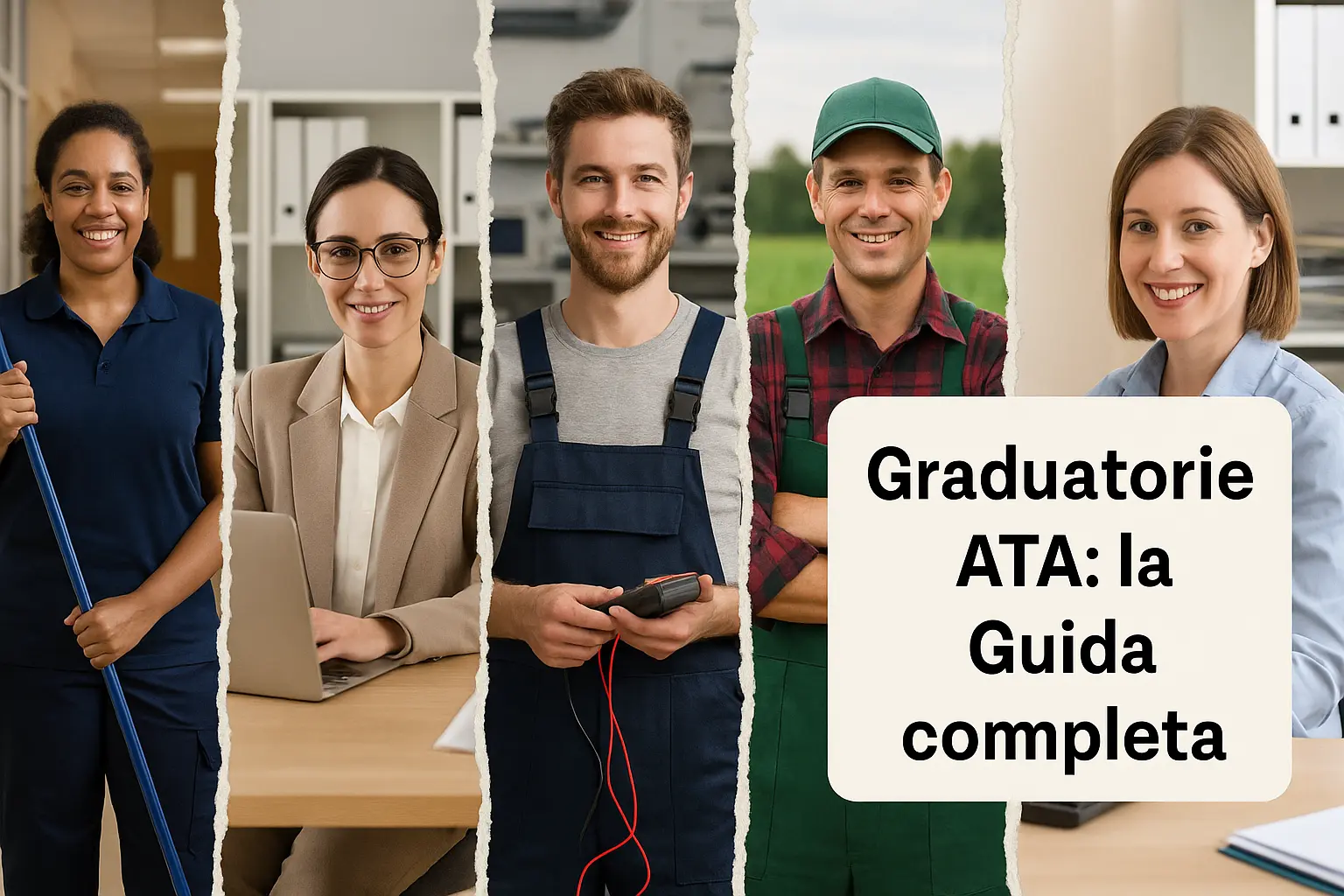Foto divisa in 5 parti, con cinque diverse figure ATA e la scritta "Graduatorie ATA: la Guida completa"
