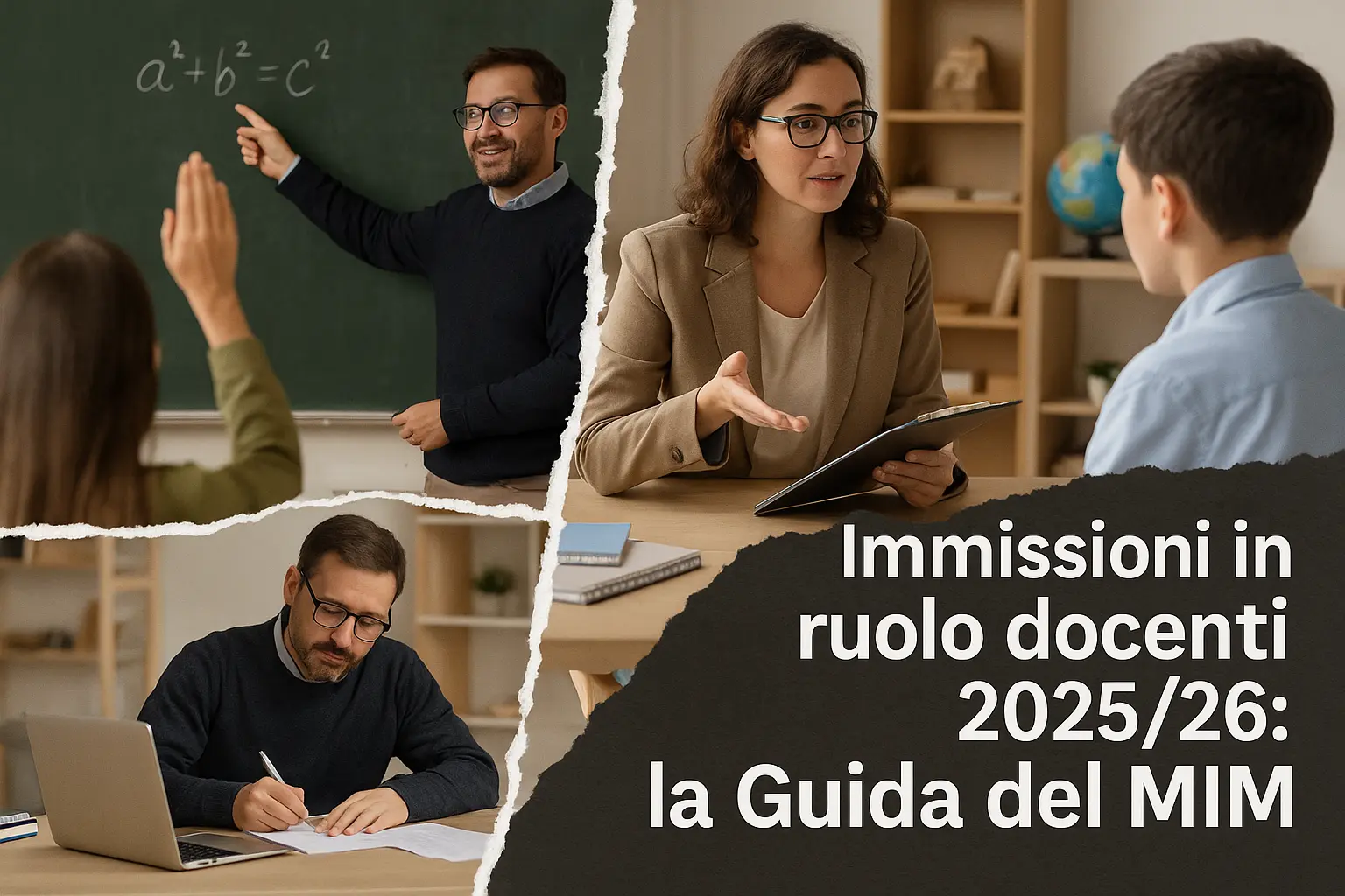 foto divisa in 3 parti, in ognuna delle quali è presente una scena relativa all'attività di un docente. E in primo piano la scritta: "Immissioni in ruolo docenti 2025/26: la Guida del MIM"