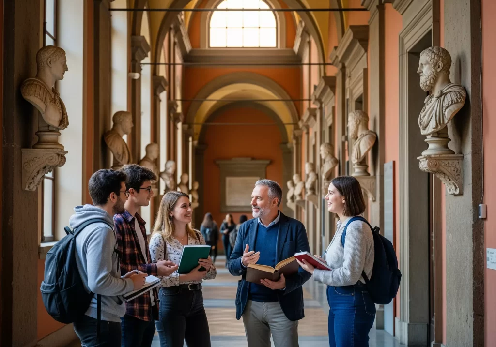 studenti a colloquio con un docente nel corridoio della facoltà