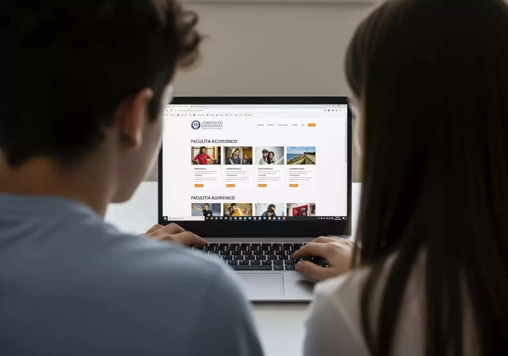 studenti visti di spalle fissano monitor pc per scegliere facoltà