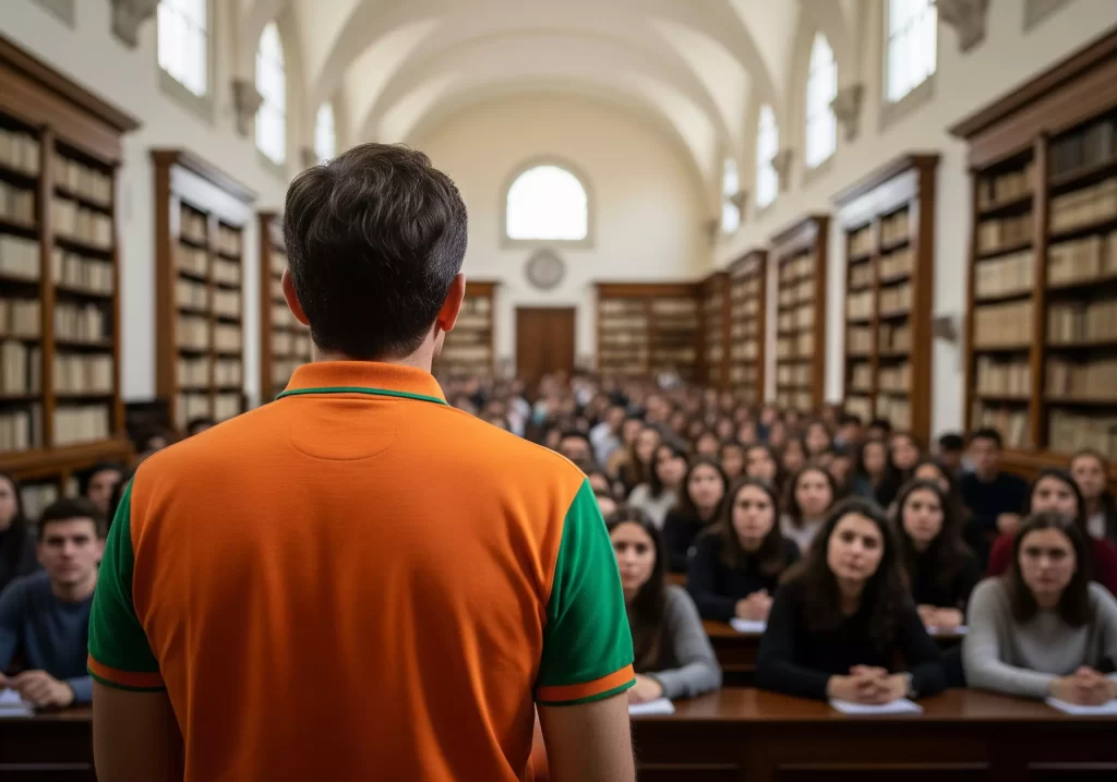 professore di spalle durante una lezione universitaria