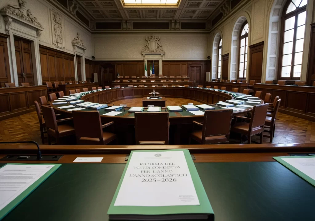 la sala del Consiglio dei Ministri vuota, con sul tavolo i fascicoli della Riforma del voto di condotta