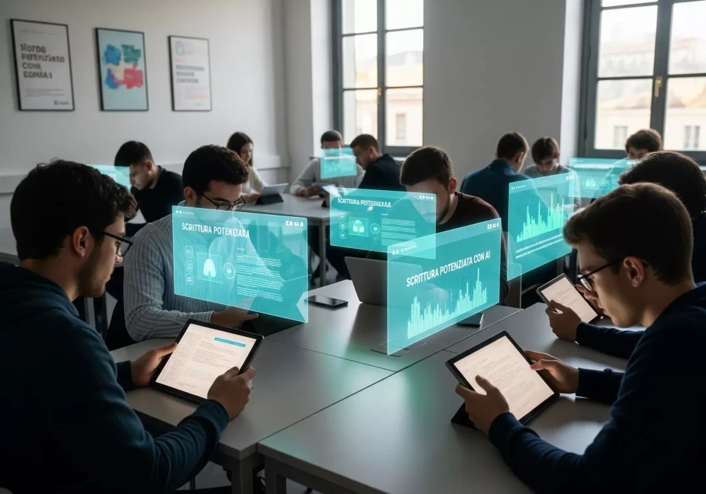 Scrittura Potenziata con AI: studenti in classe utilizzano l'AI