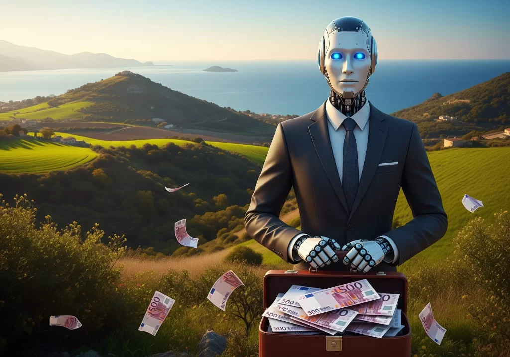 Un robot in giacca e cravatta davanti ad un paesaggio siciliano ha in amno una valigia aperta piena di banconote da 500 euro
