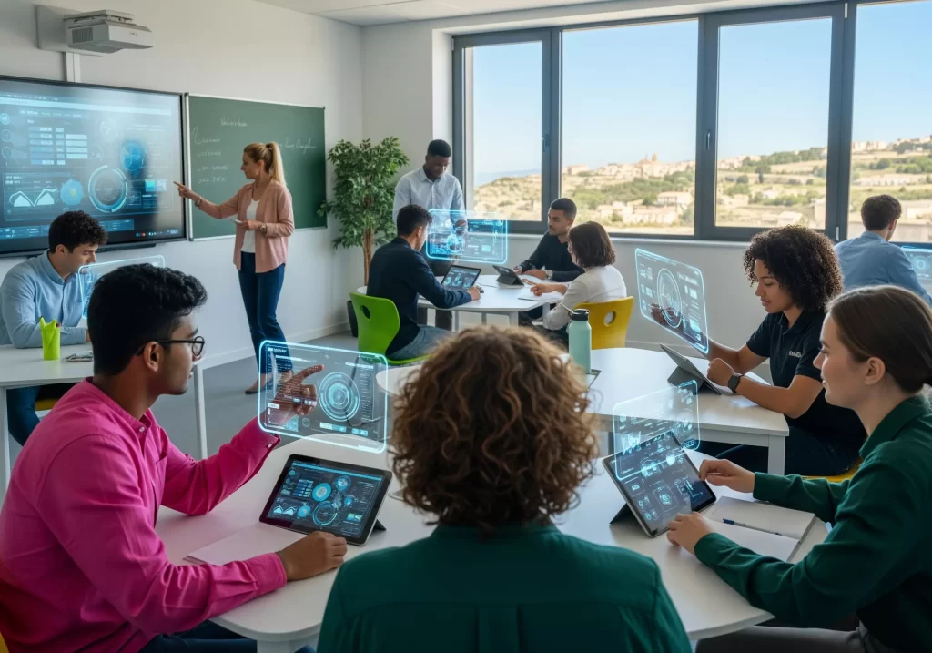 docente e alunni in classe utilizzano l'intelligenza artificiale e ologrammi