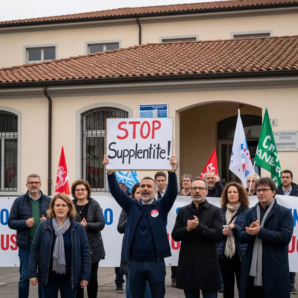 un gruppo di docenti davanti ad una scuola italiana con un cartello che recita "STOP Supplentite!"