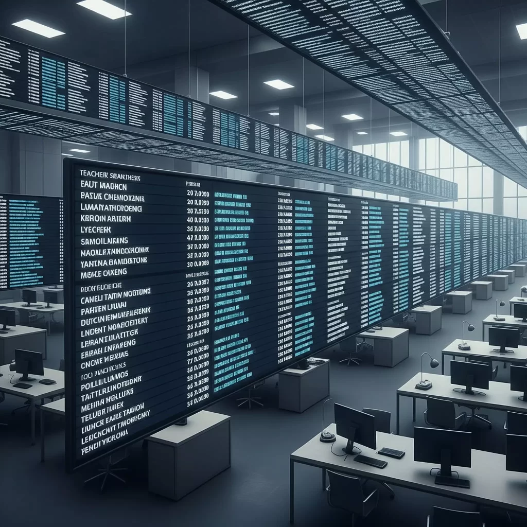 Un'aula con scrivanie e postazioni pc, con enormi schermi sui quali sono presenti interminabili elenchi e graduatorie di docenti