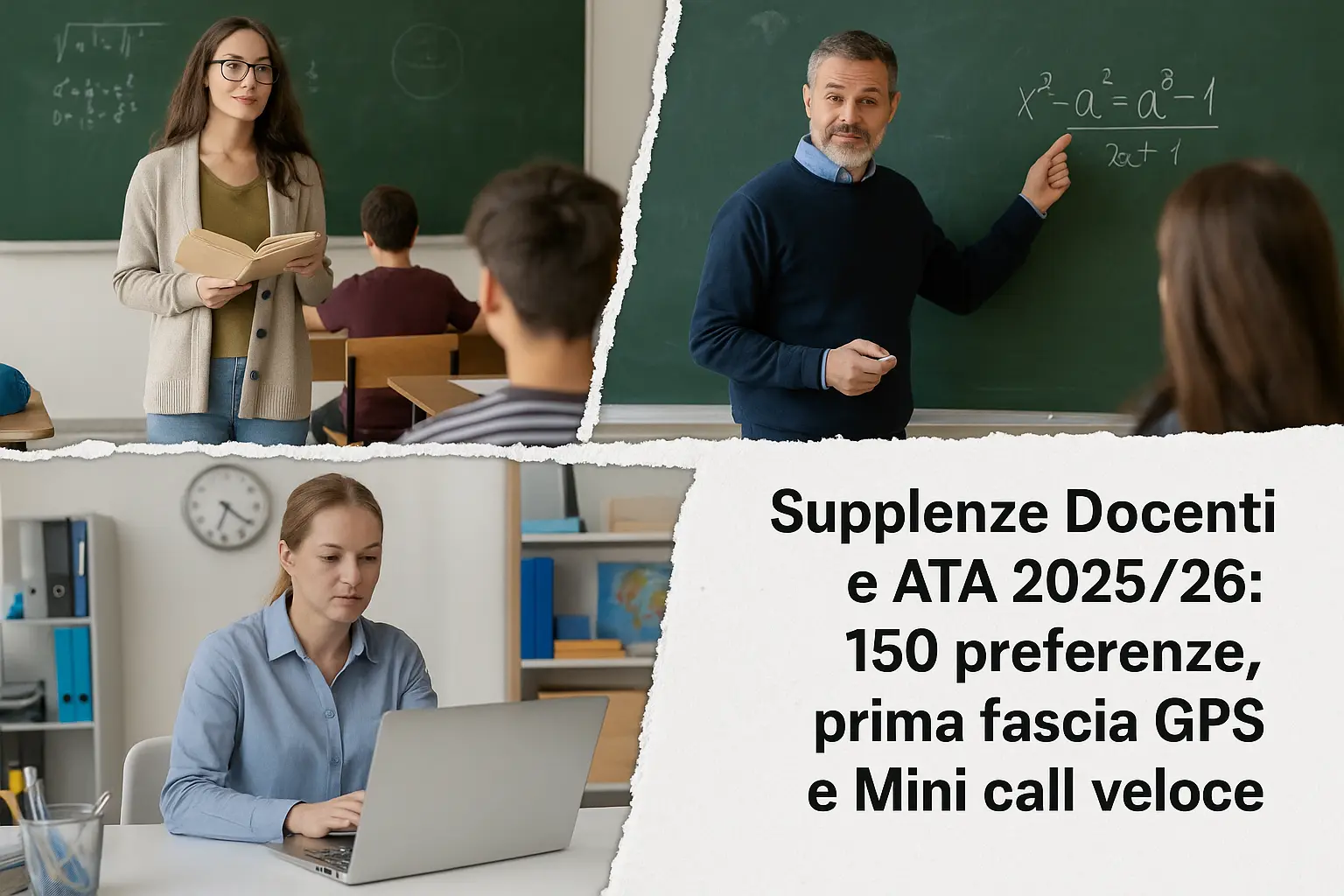 foto divisa in 4 parti, in ognuna delle quali sia presente una scena relativa al mondo scolastico (docenti e personale ATA). E in primo piano la scritta: "Supplenze Docenti e ATA 2025/26: 150 preferenze, prima fascia GPS e Mini call veloce"
