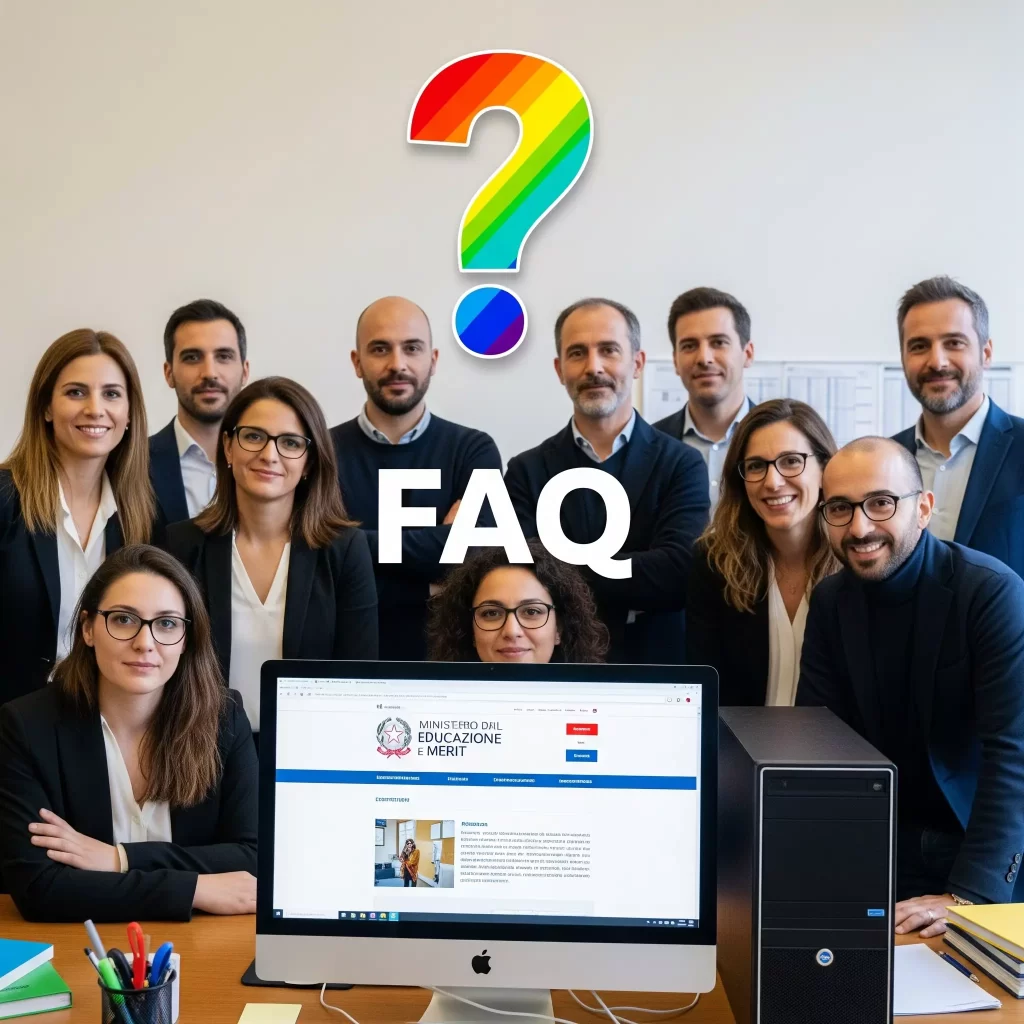 un gruppo di docenti davanti ad un computer con sullo schermo il sito del MIM, e in alto un punto interrogativo e la scritta FAQ