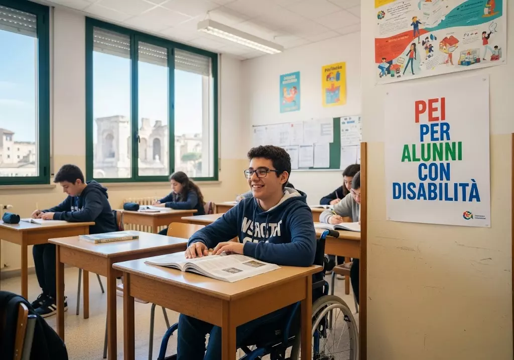 Ragazzo vicino ad un pei per alunni con disabilità
