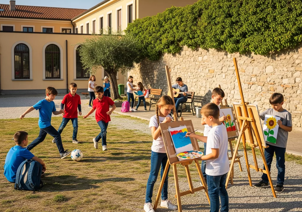 Attività Extrascolastiche 2025/26: bambini impegnati in attività extrasciolastiche (pittura all'aperto)