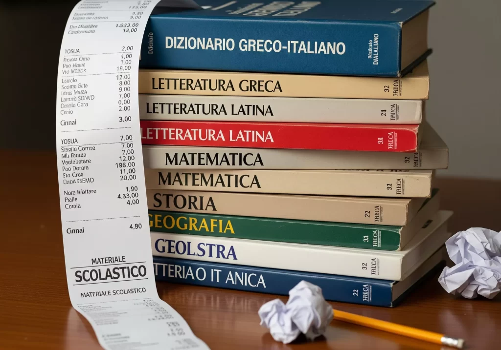 Caro Libri Scuola 2025: una pila di libri scolastici e uno scontrino