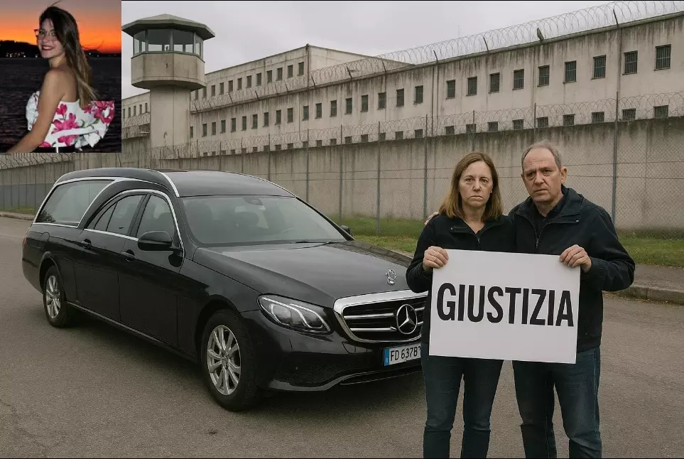 un uomo davanti ad un carcere con in mano un cartellone con la scritta Giustizia. In un angolo la foto di Sara Campanella