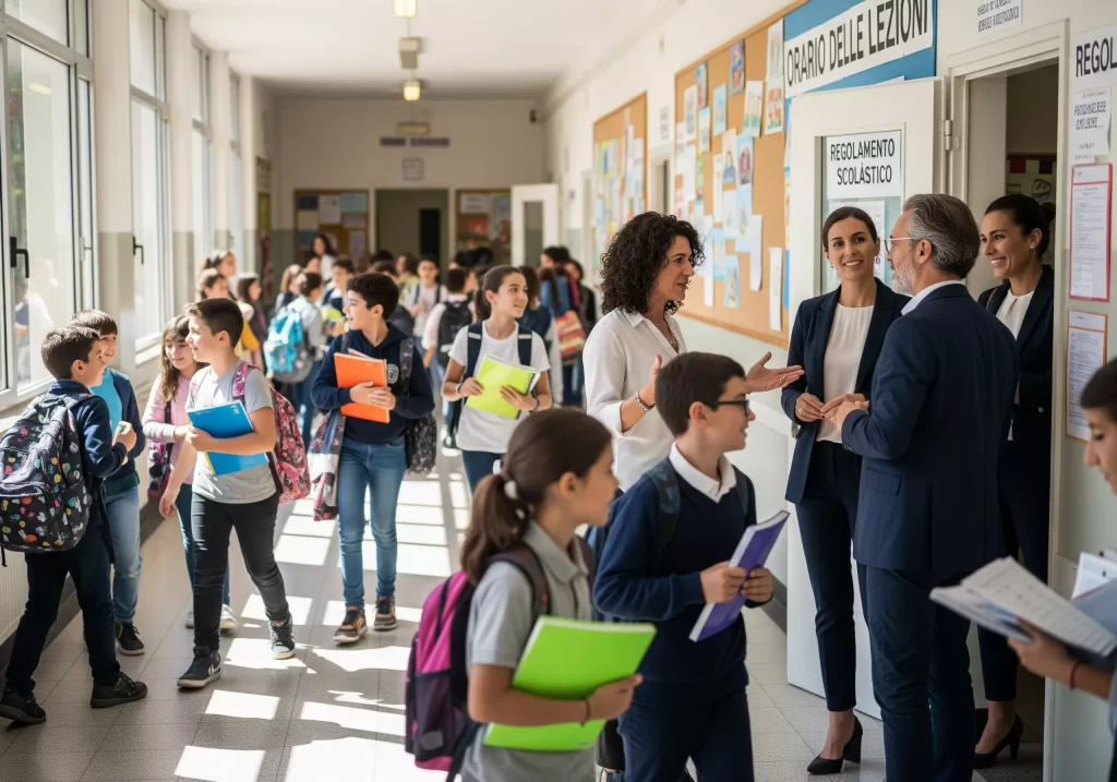 Formazione per le Figure di Sistema: docenti parlano in corridoio in mezzo ad alcuni alunni
