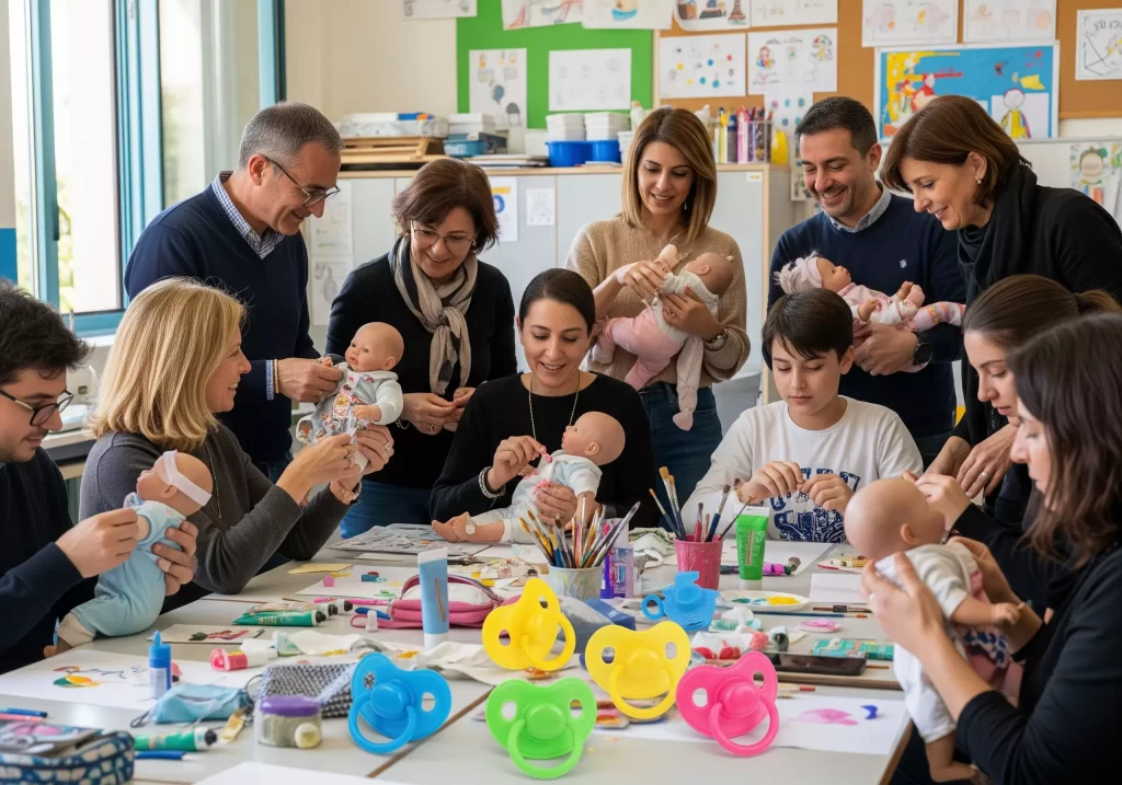 alcuni docenti, genitori e alunni alle prese con bambole iperrealistiche reborn e ciucci colorati per adulti