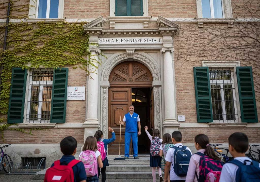 collaboratore scolastico che accoglie gli studenti all'ingresso di una scuola