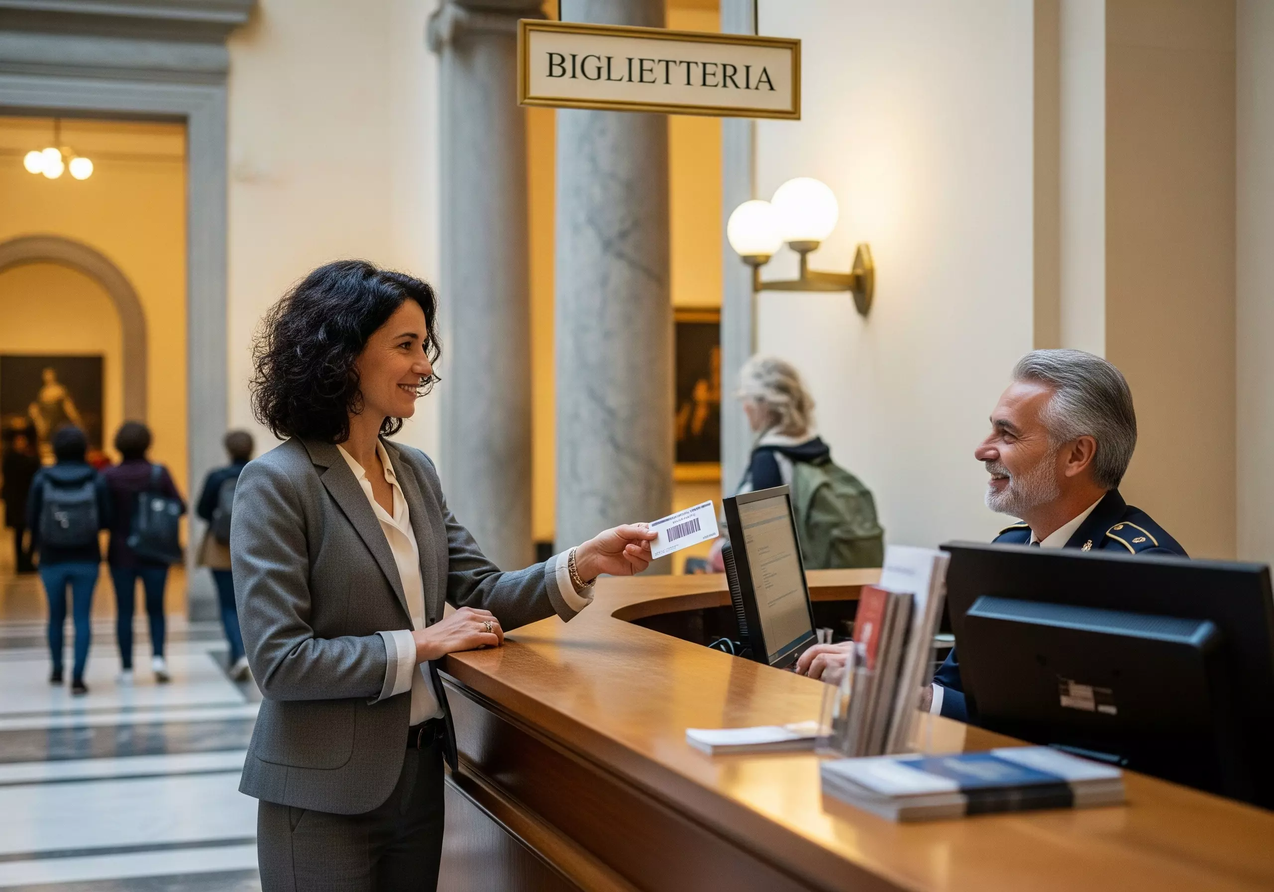 docente alla biglietteria di un museo