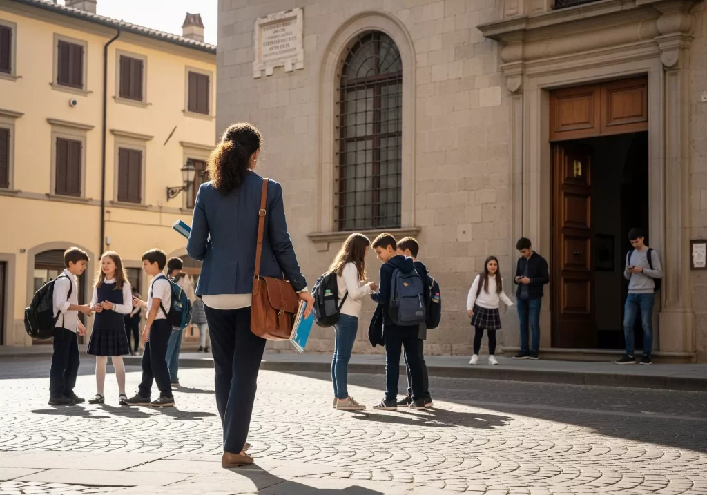 Lauree con più sbocchi lavorativi: la classifica 2025: una docente davanti all'ingresso di una scuola