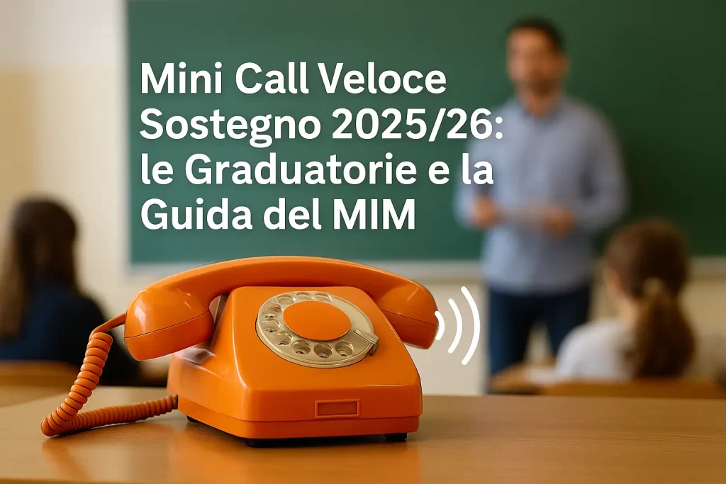 un telefono mobile in primo piano e sullo sfondo sfocato un docente durante una lezione in classe. E la scritta "Mini Call Veloce Sostegno 2025/26: le Graduatorie e la Guida del MIM"