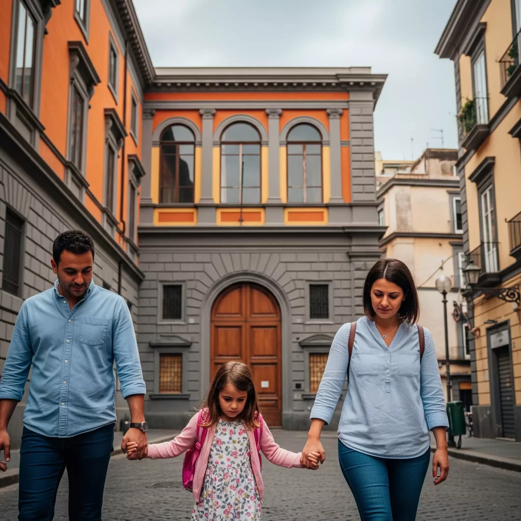 Bambina Bocciata in Prima Elementare: una bambina tiene per mani i genitori mentre va a scuola