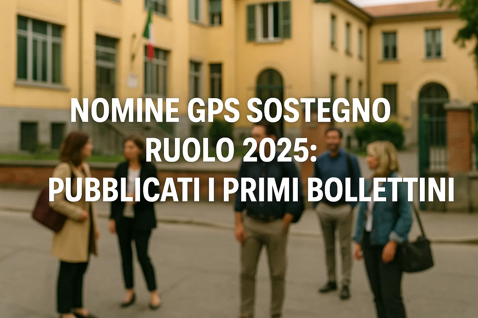 foto sfocata con docenti davanti ad una scuola e in primo piano la scritta: "Nomine GPS Sostegno Ruolo 2025: Pubblicati i Primi Bollettini"