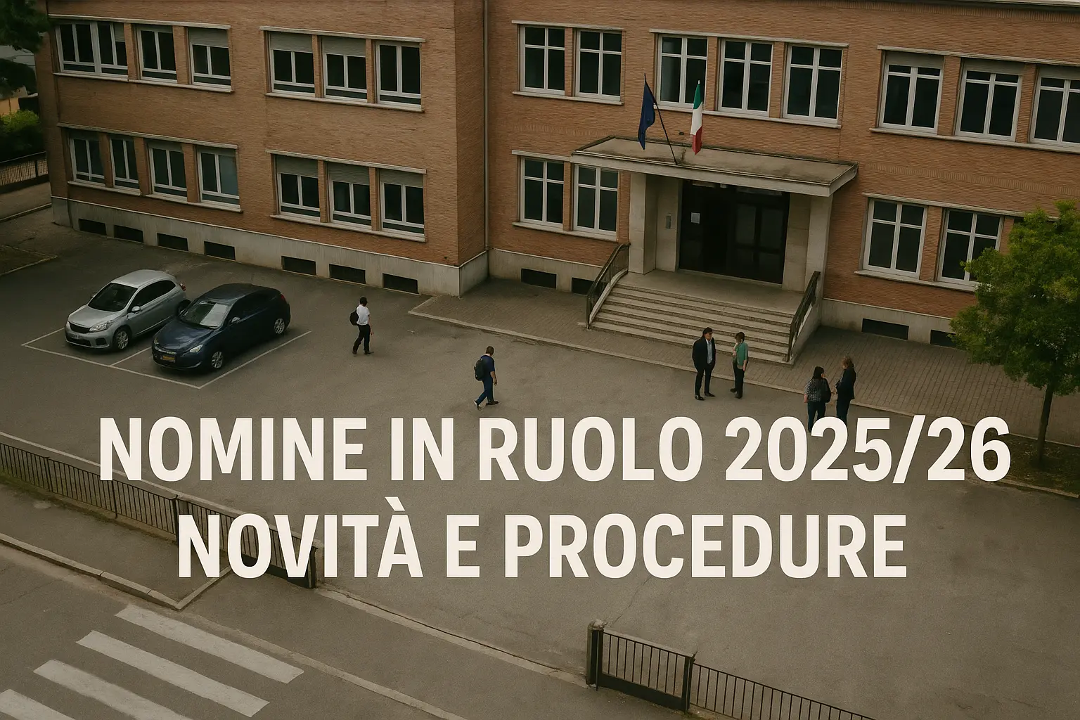 una scuola vista dall'alto, con qualche docente, alunno e auto parcheggiate. In primo piano la scritta "Nomine in Ruolo 2025/26: Novità e Procedure"