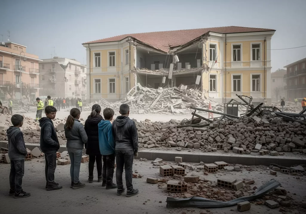Organico in Deroga 2025-2026: alcuni ragazzi davanti ad una scuola crollata durante un terremoto