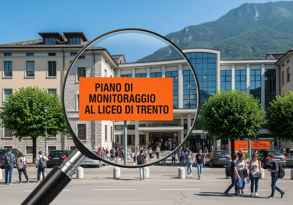 Istituto scolastico visto attraverso una lente di ingrandimento e tabella segnaletico con la scritta "Piano di Monitoraggio al Liceo di Trento"