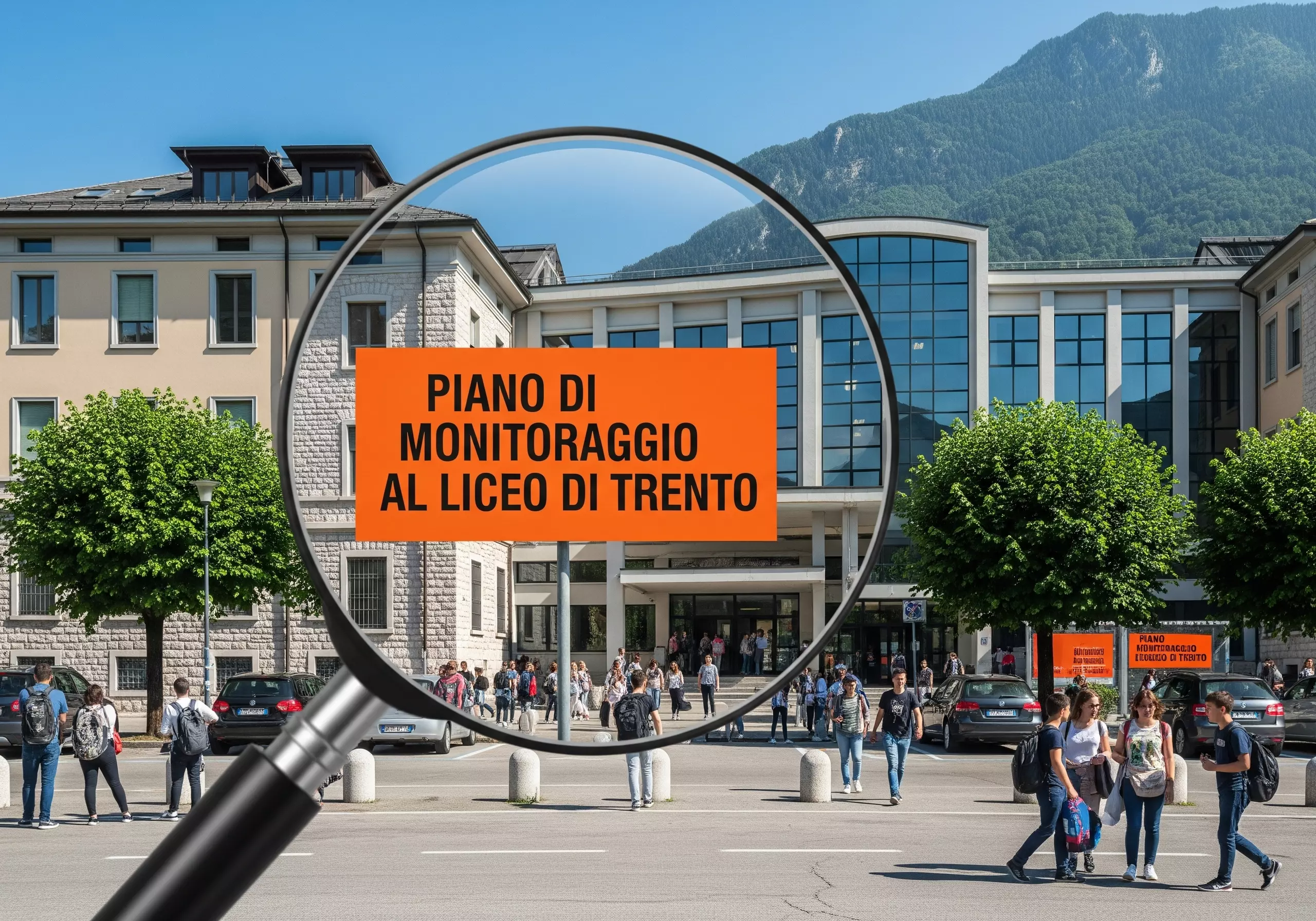 Istituto scolastico visto attraverso una lente di ingrandimento e tabella segnaletico con la scritta "Piano di Monitoraggio al Liceo di Trento"