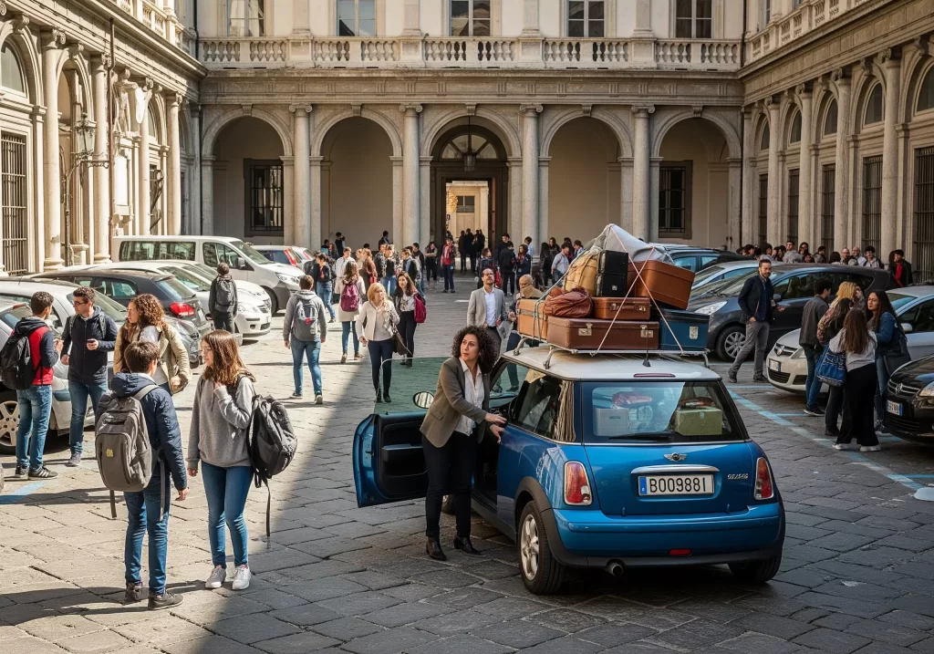 Precariato docenti: insegnante precaria arriva nel cortile di una scuola pieno di alunni e docenti, con l'auto carica di valigie.