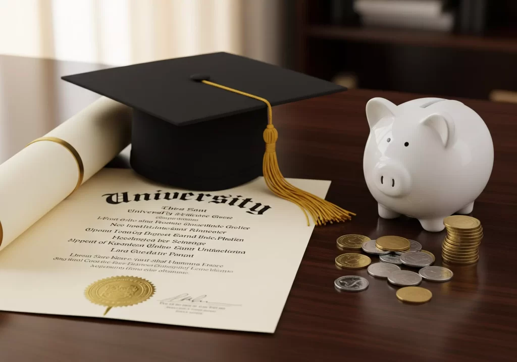 Riscatto della Laurea: pergamena e cappello da laurea vicino ad un salvadanaio e a delle monete