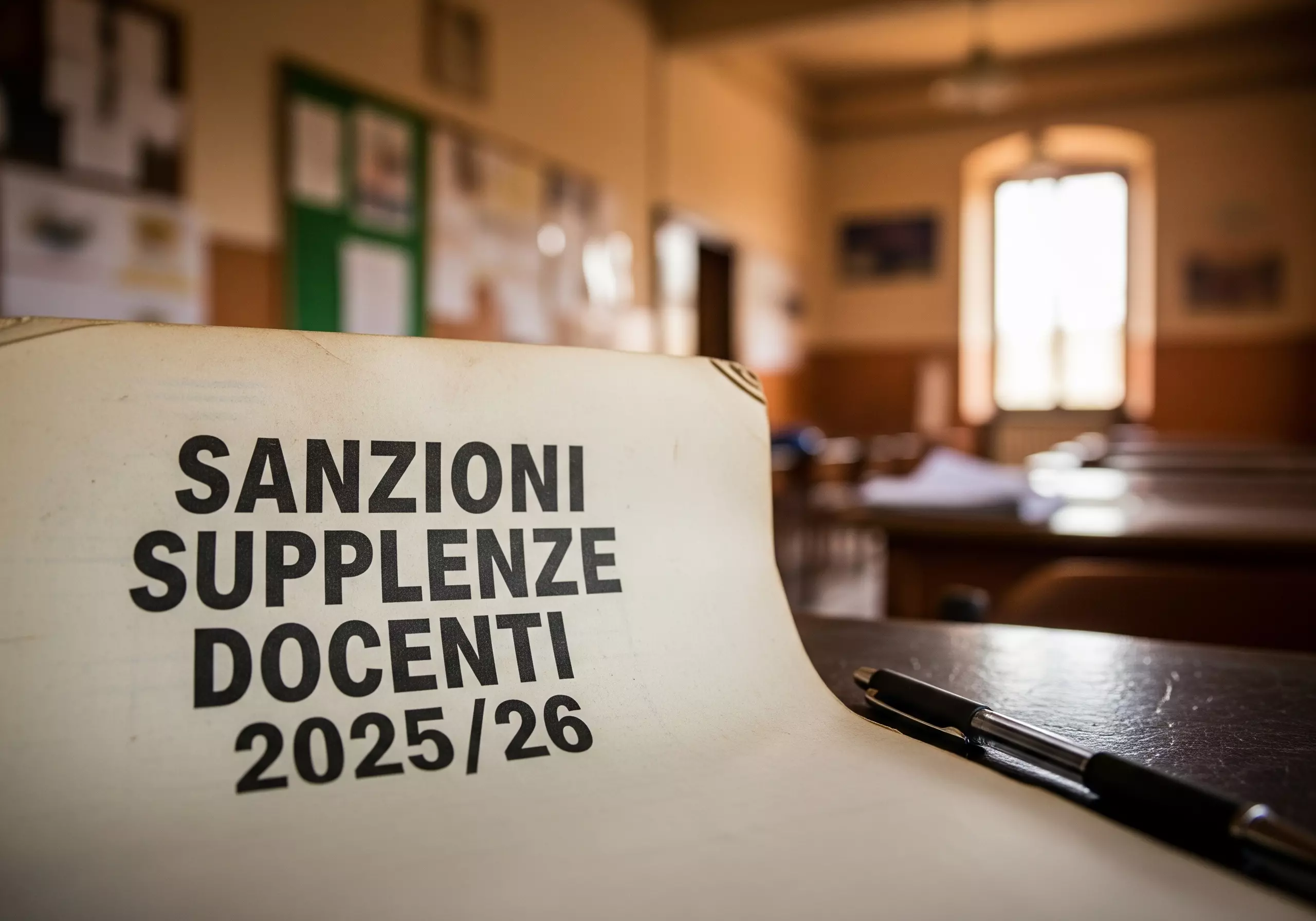 interno di un'aula scolastica sfocata e in primo piano la scritta "Sanzioni Supplenze Docenti 2025/26"