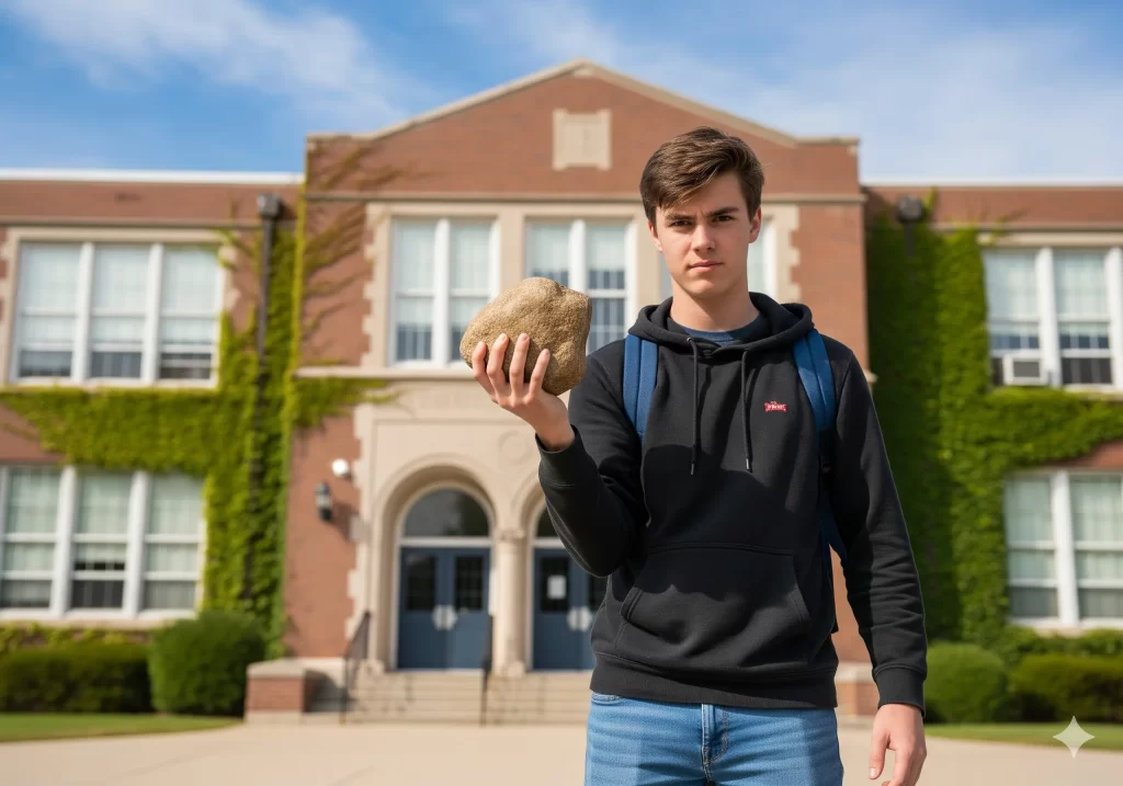 Bocciato per Sassi contro una Docente: studente davanti ad una scuola con un sasso in mano