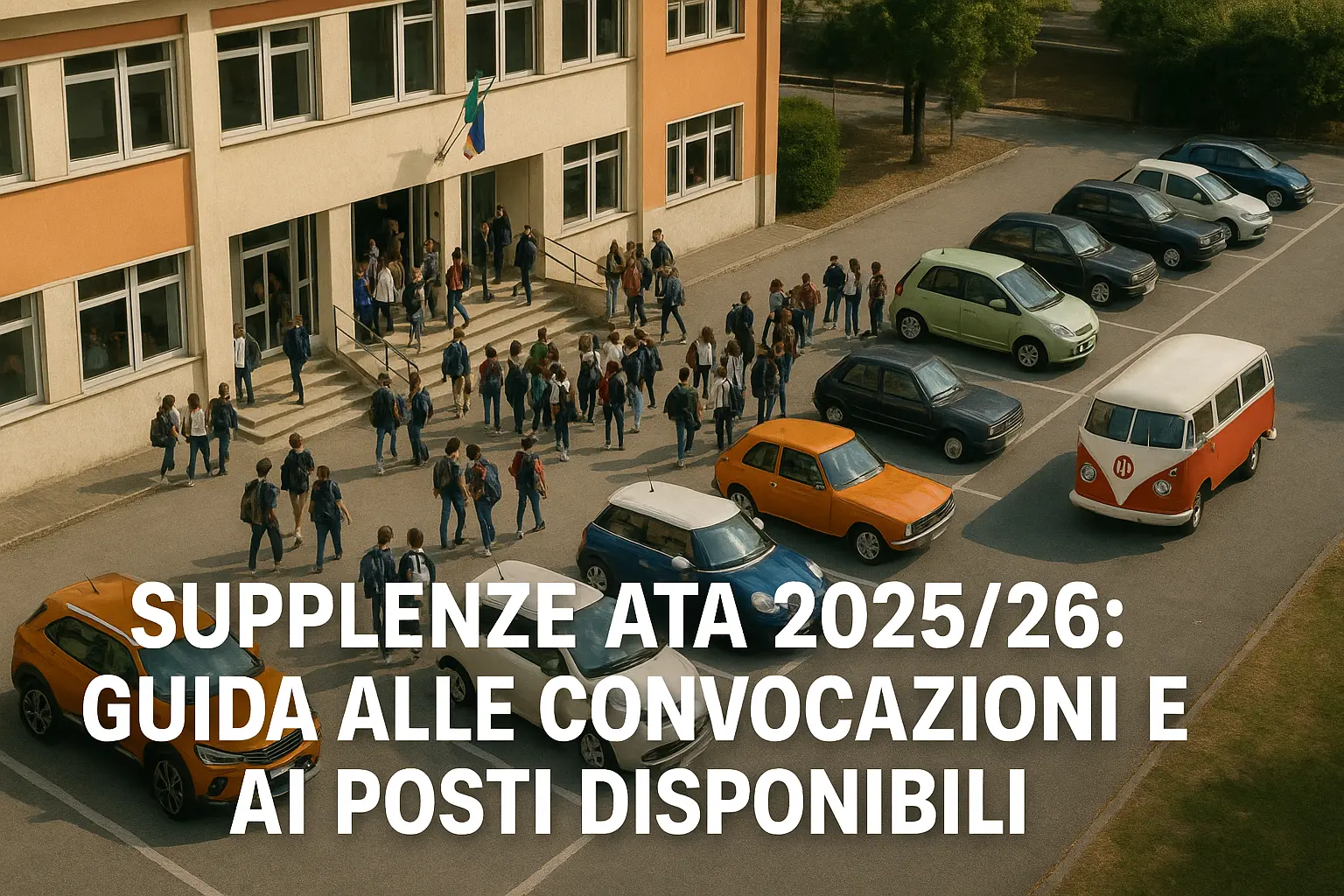 alunni, docenti e personale ATA nel cortile di una scuola vista dalla'alto. In primo piano la scritta: "Supplenze ATA 2025/26: Guida alle Convocazioni e ai Posti Disponibili"