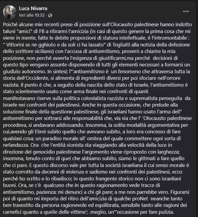 Togliere l’amicizia su Facebook agli ebrei: un post di Nivarra