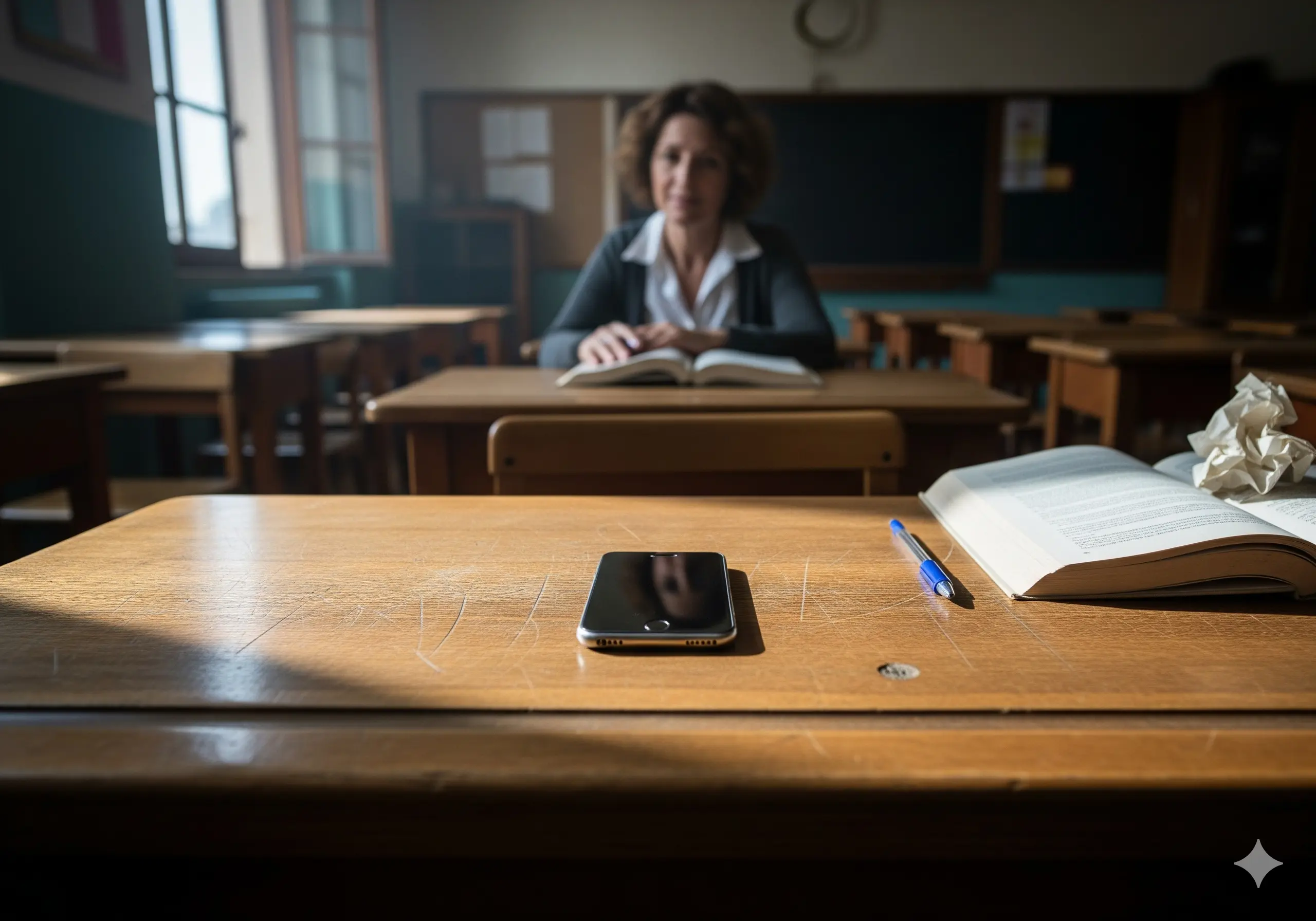 Docente seduta ad un banco in una classe vuota e un cellulare accanto ad un libro su un altro banco