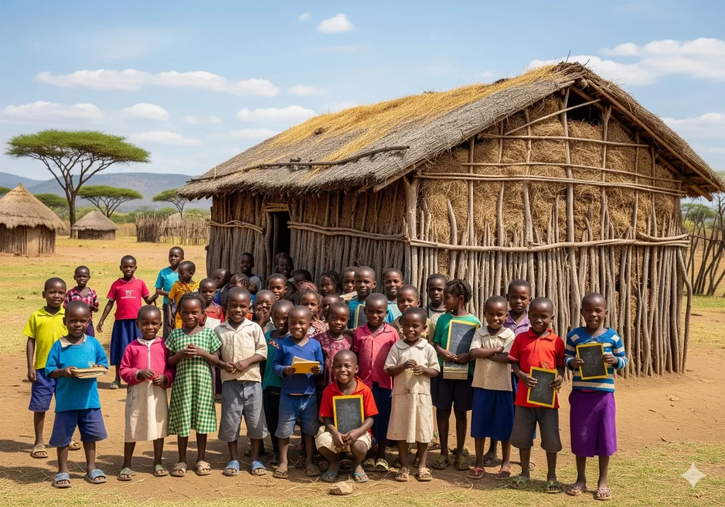 Abbandono Scolastico: un gruppo di bambini africani davanti alla scuola del loro villaggio