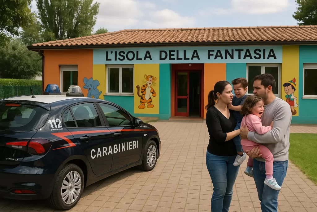 Arezzo, Maltrattamenti in Asilo Nido: carabinieri davanti ad un asilo nido e bambini che piangono in braccio ai genitori