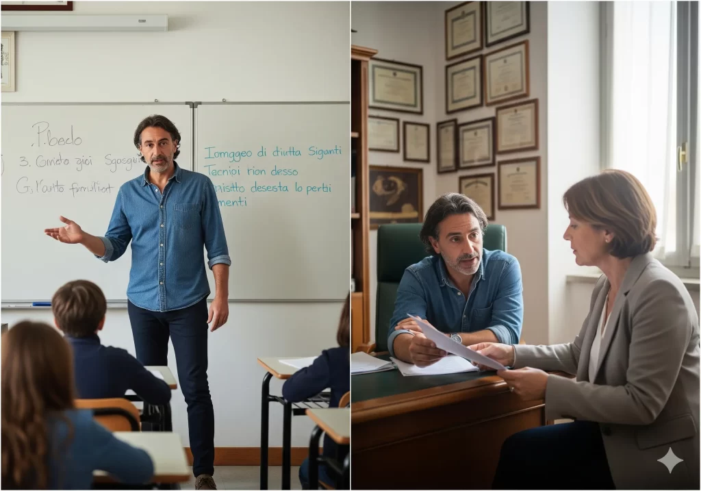 immagine divisa a metà: da un lato un docente mentre fa lezione, dall'altro mentre presenta la richiesta di autorizzazione incarico al DS