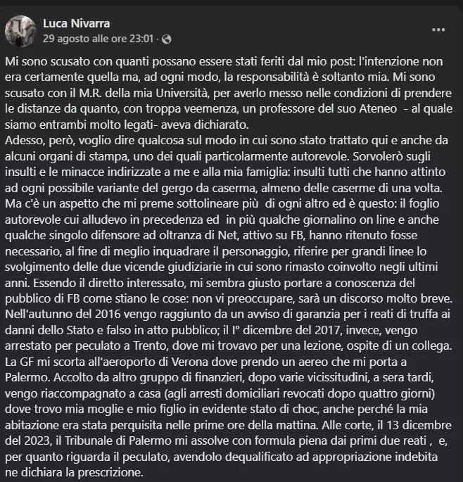 Caso Nivarra: il post su Facebook