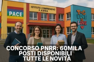 alcuni docenti davanti ad un edificio scolastico e in primo piano la scritta "Concorso PNRR: 60mila posti disponibili. Tutte le Novità"