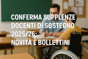 Un docente con un alunno disabile in classe. In primo piao la scritta "Conferma Supplenze Docenti di Sostegno 2025/26: Novità e Bollettini"