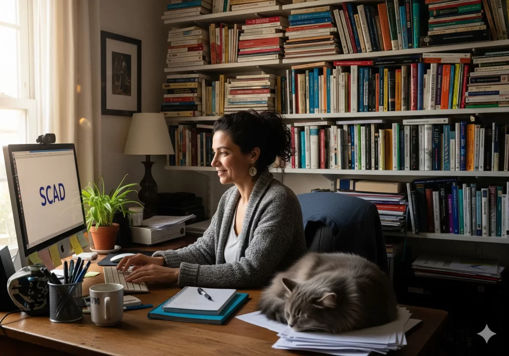 Un docente seduto alla scrivania di casa mentre consulta il monitor del PC con la scritta "SCAD"