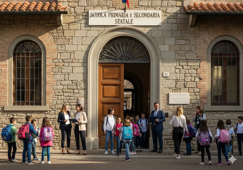 CCNL scuola, 10 Euro Lordi Mensili: docenti e alunni davanti ad una scuola