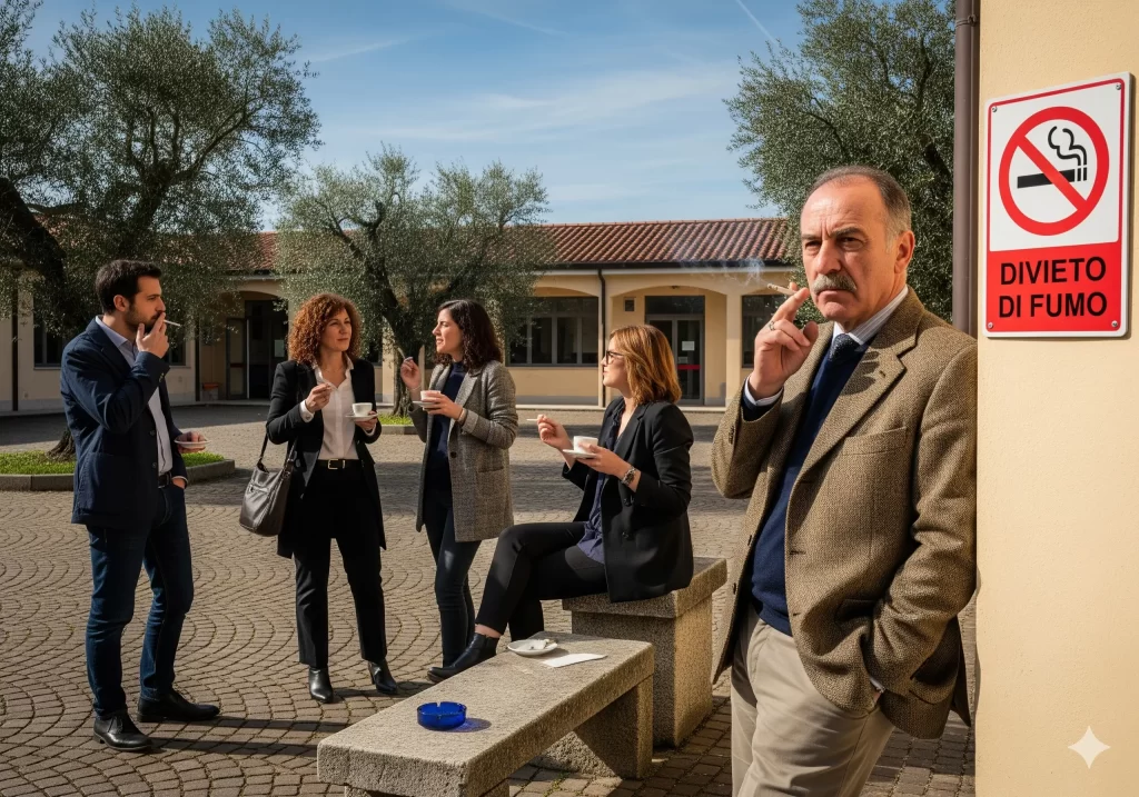 Divieto di Fumo a Scuola: dirigente scolastico e docenti fumano nel cortile della scuola sorseggiando un caffè nonostante il cartello di divieto