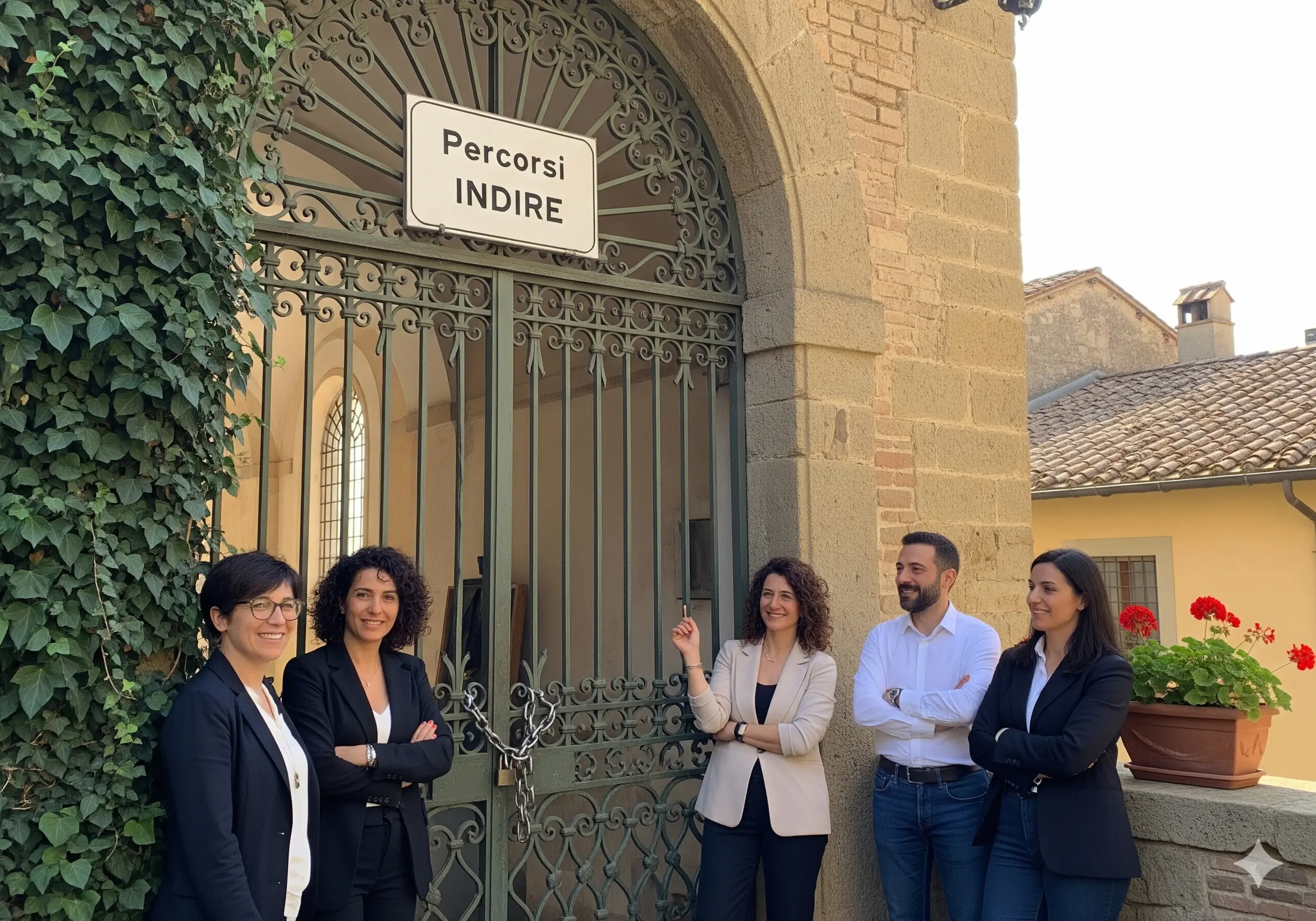 gruppo di docenti davanti ad un cancello chiuso sul quale campeggia la scritta "Percorsi INDIRE"