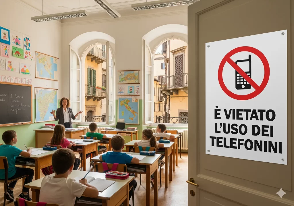 FLC CGIL e Divieto Uso Cellulare a Scuola: il cartello "E' vietato l'uso dei telefonini" sulla porta di una classe