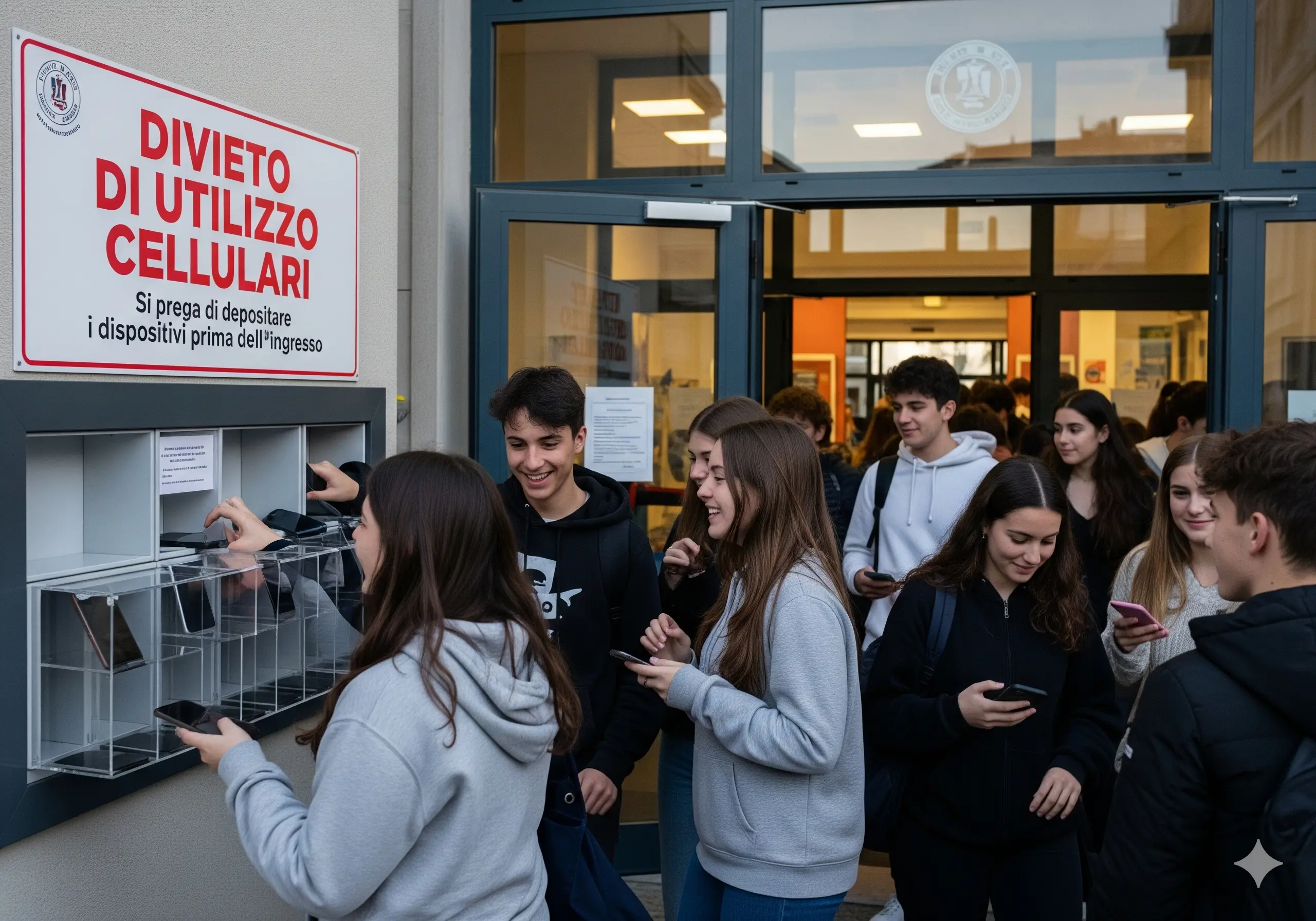 un gruppo di studenti lascia il cellulare prima di entrare a scuola