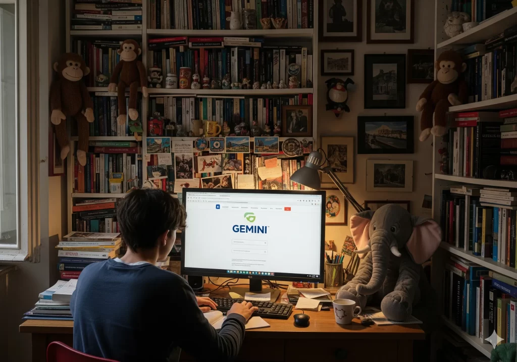 Imparare con l'Intelligenza Artificiale: studente studia a casa davanti al pc utilizzando Gemini